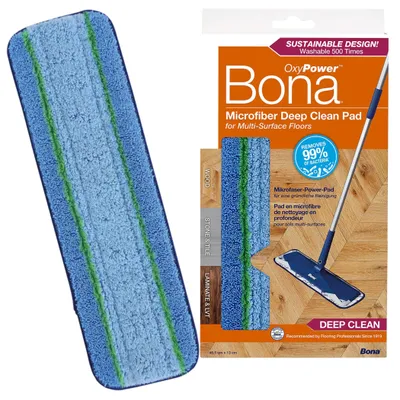 A Bona Microfiber Deep Clean Pad and its packaging are shown.