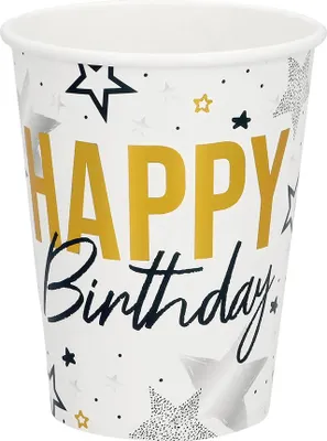Produktbild von "Happy Birthday" Gold Schwarz | 8 Pappbecher 250 ml