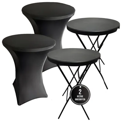Produktbild von IvoQ 2er Set Stehtische Schwarz – Inklusive 2 schwarzer Stretchhussen – Ø80 cm x 110 cm – Klappbar – Partytische für Party, Garten & Event