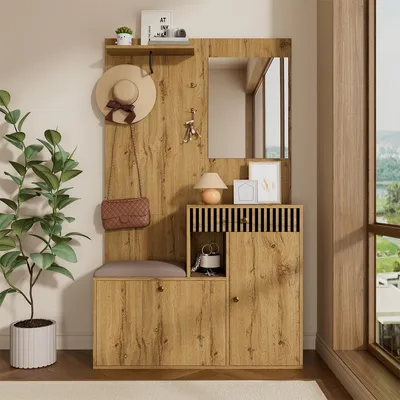 Produktbild von Garderobenset mit Spiegel und Polsterkissen Flurgarderobe Wandgarderoben-Set 110 x 185,5 x 37 cm