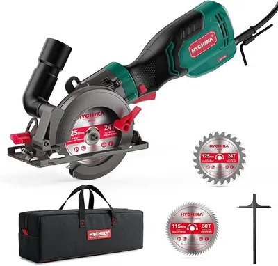 Imagen del producto de Sierra circular de mano, 750W, mini sierra circular de 3500/min con funda de transporte, 3 hojas de sierra de 115+125mm, guía de corte, profundidad de corte de 48mm a 90°, para madera, metales blandos y plástico