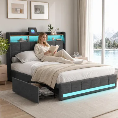 Zdjęcie produktu dla Łóżko Moonbite z pojemnikiem na pościel, 160x200 cm – tapicerowane, 2 porty USB i jeden port typu C, podświetlana lampka, 4 schowki, stelaż łóżka, pościel, kolor: szary