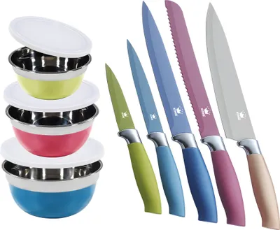 Produktbild von Vorteilsset: 3tlg. KING® Schüsselset AROMI Ø14cm, Ø16cm, Ø18cm  + 5tlg. Messerset KING® METALLIC DESIGN Kochmesser 20cm, Brotmesser 20cm, Universalmesser 12.5cm, Ausbeinmesser 20cm, Gemüsemesser 8.5cm