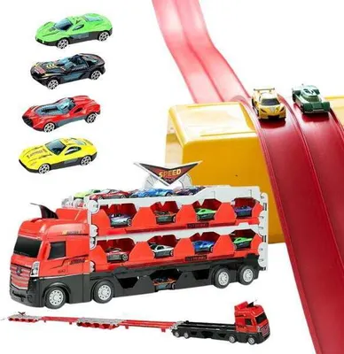Produktbild von 3er Set 4m Spielzeug Geschwindigkeitsstrecke, Rennstrecke + 12 bunte Spielzeugautos + Ausbaufähiger Lastwagen - TURBOPACK