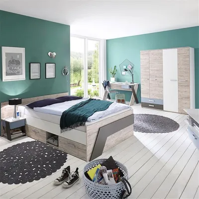 Produktbild von Jugendzimmer Set mit Bett 140x200 cm und Schreibtisch 4-teilig LEEDS-10 in Sandeiche Nb. mit weiß, Lava und Denim Blau