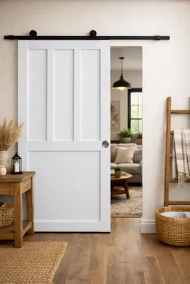 Immagine prodotto di Porta scorrevole da officina con 2 pannelli bianchi H204 x L73 cm, binario con rotelle, gusci Gd Menuserie