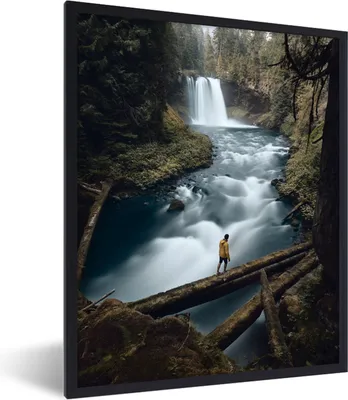 Produktbild von MuchoWow® MuchoWow® Gerahmtes Poster Wasserfall - Fluss - Wald 60x80 cm - Poster mit zchwarzem Bilderrahmen - Premium - Wanddeko Wohnzimmer