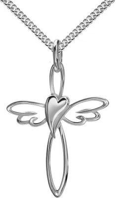 Produktbild von Silber Kreuz-Herz-Flügel-Anhänger 925 Silber als Kettenanhänger Mit Kette 36 cm