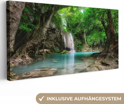 Produktbild von MuchoWow® - Leinwandbilder - Dschungel - Wasserfall - Pflanzen - Wasser - Natur, Wandbild, Wanddeko Bilder Wohnzimmer, 40x20cm