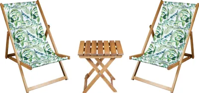 Produktbild von 2 x Liegestuhl + Beistelltisch Strandliege Holz Sonnenliege Gartenliege Gartentisch Geölt Bananenblätter Weißer Hintergrund