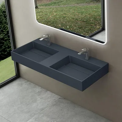 Produktbild von doporro Mineralguss Waschbecken Anthrazit 120x48x13 cm, matt, aus einem Stück, mit verstecktem Ablauf, geeignet für Aufsatz- & Hängemontage, DIN-Anschlüsse, col12