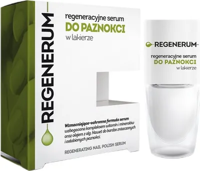 A product box and bottle of Regenerum nail serum against a white background.