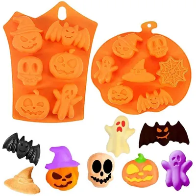 Immagine prodotto di 2 stampi in silicone a tema Halloween, con 6 cavità, motivo zucca e fantasma, ideali per torte, gelatine e cioccolato