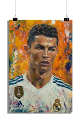 Produktbild von Cristiano Ronaldo Poster - Fußball Poster - Weißes Trikot Poster - Porträt Poster - Gemälde Poster - 51x71cm - Perfekt zum Einrahmen