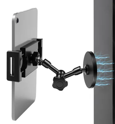 Immagine prodotto di Supporto magnetico per tablet, regolabile a 360°, con doppio braccio, adatto per tablet da 4 a 16 pollici, robusto, ideale per veicoli e superfici metalliche
