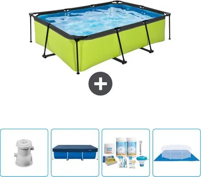 Immagine prodotto di Piscina rettangolare con maniglia color lime - 220 x 150 x 65 cm - Con pompa, telo di copertura, kit di manutenzione e copertura per il fondo - Ora a un