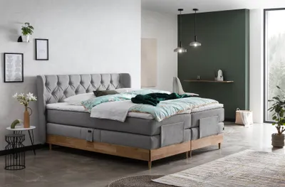 Produktbild von Belanoti EON Boxspringbett 180x200 elektrisch verstellbar 7-Zonen Taschenfederkern Matratze inkl Visco Topper Bett 180x200 mit Motor in der Farbe Hellgrau H2/H3 Polsterbett Motorbett mit Massivholz
