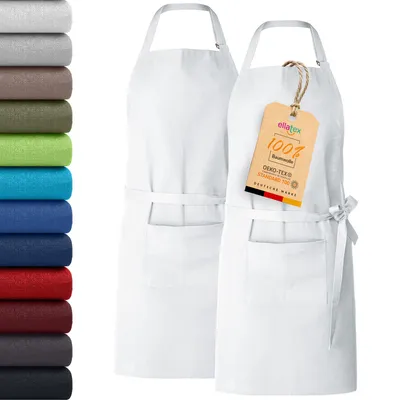 Produktbild von 2er Pack EllaTex Kochschürze Latzschürzen 100% Baumwolle Unisex Schürzen verstellbar mit Tasche Grillschürze Küche, Farbe: Weiß