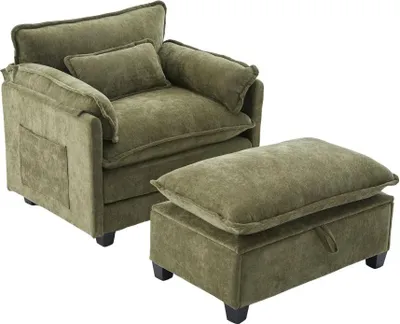 Produktbild von AIORBER Moderner übergroßer Sessel mit Fußstütze & Hocker, Chenille Loungesessel mit Seitentasche & Kissen, Lesesessel, Beige/Grau/Oliv/Gelb