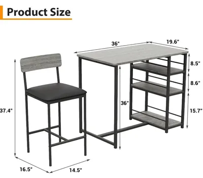 Obrázek produktu pro Barový stolek se 2 barovými židlemi – set do kuchyně – úsporný design s úložným prostorem – kovová konstrukce – polstrované židle – šedá barva