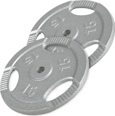 Produktbild von GORILLA SPORTS® Hantelscheiben - 30 kg Set (2x15 kg) Gewichte, Tri-grip, 30mm, Gusseisen, Silber - Gewichtsscheiben, Hanteln Set