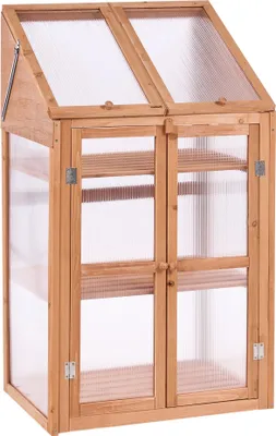 Produktbild von BELIANI Mini-Gewächshaus Hellbraun Holz u. Polycarbonat 3 mm 49x67x114 cm mit 2 Türen 2 Dachfenster für Balkon Terrasse Garten