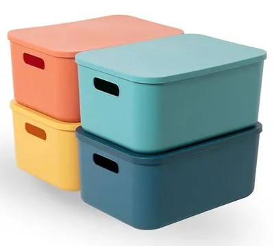 Produktbild von Unyqoos® Multifunktionale Aufbewahrungsboxen mit Deckel – 4er-Set Kunststoff (36×26×16 cm), BPA‑frei, stapelbar, Griffe, 8 Etiketten + Marker, 4 Farben
