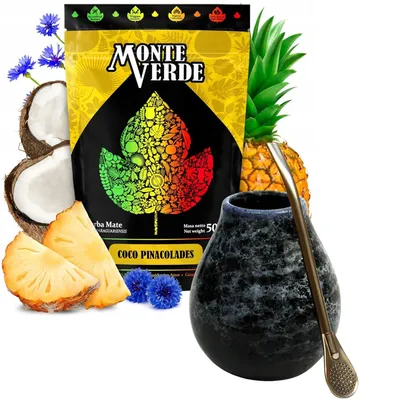 Produktbild von Yerba Mate-Tee Set mit Yerba Mate Monte Verde Coco Pina Colades 500g - Keramik mate-tee tasse Marmol 350ml - Edelstahl Bombilla 19cm