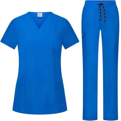 Produktbild von B-well Bella Damen-Schrubb-Set Schlupfkasack + Schlupfhose Set Medizin Arzt Uniform Schlupfjacke Oberteil mit Hose Medizinische Berufsbekleidung mit Elasthan (Königsblau, L)