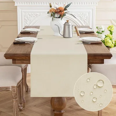 Productafbeelding van Linnenlook tafelkleed, beige, 40x140 cm, polyester, afwasbaar, waterafstotend, krasbestendig