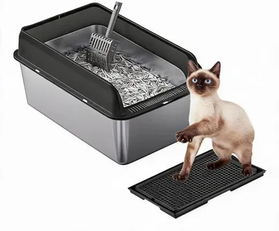 Image de Katzenklo - Litière pour chat XL avec couvercle - Acier inoxydable - Parois hautes - Bac profond - Contrôle des odeurs - Grille filtrante - Noir