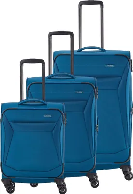 Three blue suitcases of varying sizes are displayed against a white background.