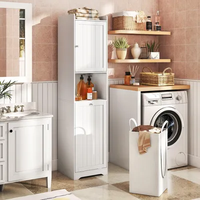 Image de Armoire de salle de bain - Meuble de salle de bain - Armoire étroite - Étagère de rangement - Panier à linge - Blanc - 48 litres, sac à linge amovible