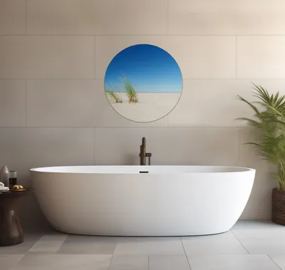 Produktbild von Wallario wasserfestes Poster selbstklebend 60 x 60 cm, Sandstrand unter blauem Himmel, Badezimmerposter Spritzschutz mit Hochglanzoberfläche in Glasoptik