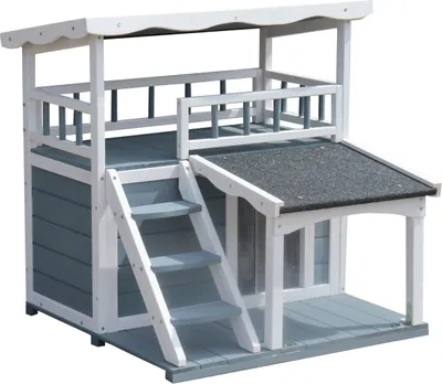 Produktbild von Dehner Lieblinge Katzenhaus Maison, Katzenhöhle Outdoor, Hütte für Katzen, robust, ca. 78 x 75 x 73 cm, Tannenholz, grau / weiß