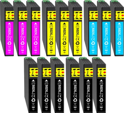 A collection of printer ink cartridges arranged in rows.