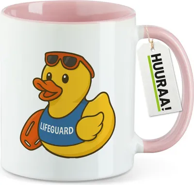 Produktbild von Huuraa Kaffeetasse Quietscheente Bademeister Gummiente Rettungsschwimmer 330ml Rosa Keramik Kaffeebecher Geschenkidee