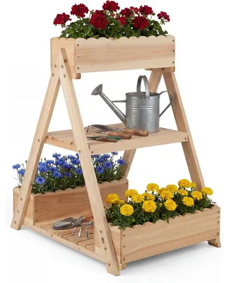 Produktbild von KOMFOTTEU Hochbeet aus Tannenholz, Pflanzkasten mit 3 Pflanzboxen & 2 Ablagen, A-Form Blumentreppe mit Drainagelöchern, Pflanzregal für Gemüse, Blumen & Kräuter, für Garten, Terrasse & Balkon