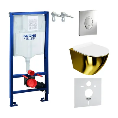 Produktbild von GROHE Vorwandelement Solido Start + Wand Hänge WC Sofi Slim Gold/Weiß Spülrandlos + WC-Sitz SoftClose | Verchromter Knopf | Komplettset | Unterputz Spülkasten |  Toilette Komplett Sett