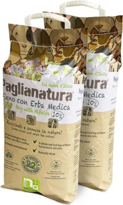Productafbeelding van Paglianatura Kit 2 zakken natuurlijke hooi (1300 gram per zak) met luzerne – voeding voor konijnen, cavia's en knaagdieren – rijk aan vezels, eiwitten en calcium