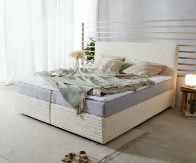 Produktbild von DELIFE Boxspringbett Dream-Well Plüsch-Cord Beige 180x200 cm TFK-Matratze Visco-Topper