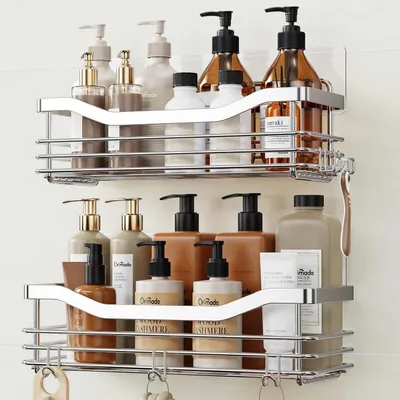 Image de Étagère de douche sans perçage, en acier inoxydable, 2 pièces, argentée, avec 5 crochets
