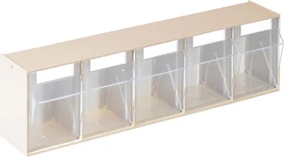 A long, narrow storage unit with five clear bins.