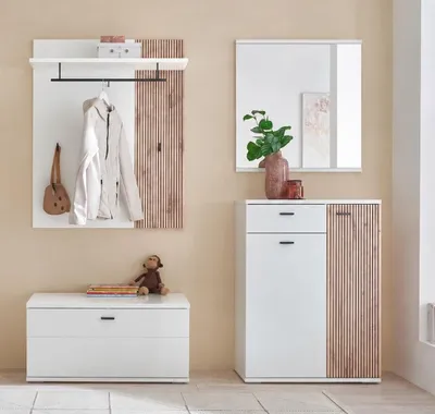 Produktbild von Garderoben-Set >Menaro< (4-teilig) weiss / Viking Oak Nachbildung - 185x198x37 (BxHxT)
