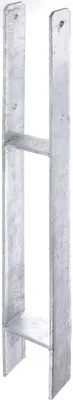 A galvanized steel post anchor with two horizontal supports.