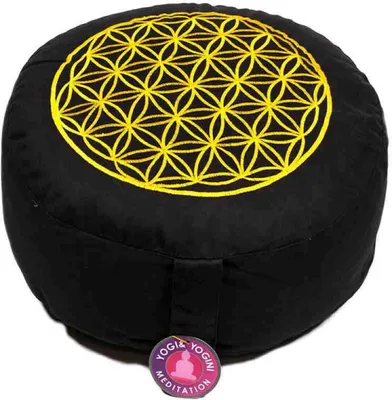 Produktbild von Meditationskissen | Yogakissen 33x17 cm schwarz mit Blume des Lebens in goldgelb