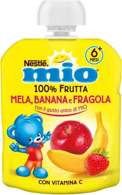 Produktbild von 16x Nestle Mio Snack 100 % Frucht Banane, Apfel und Erdbeere zum Auspressen, Beutel 90 ml+ Italian Gourmet polpa 400g