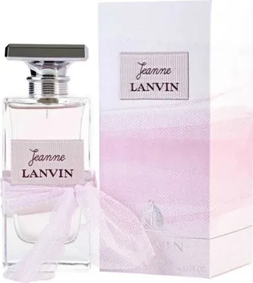 A bottle of Jeanne Lanvin perfume and its packaging are displayed side-by-side.