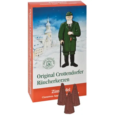 A box of Crottendorfer incense cones with a winter scene and a man in a green coat.