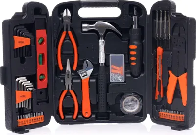 A black toolbox with various tools inside, including pliers, a hammer, a screwdriver, and a level.
